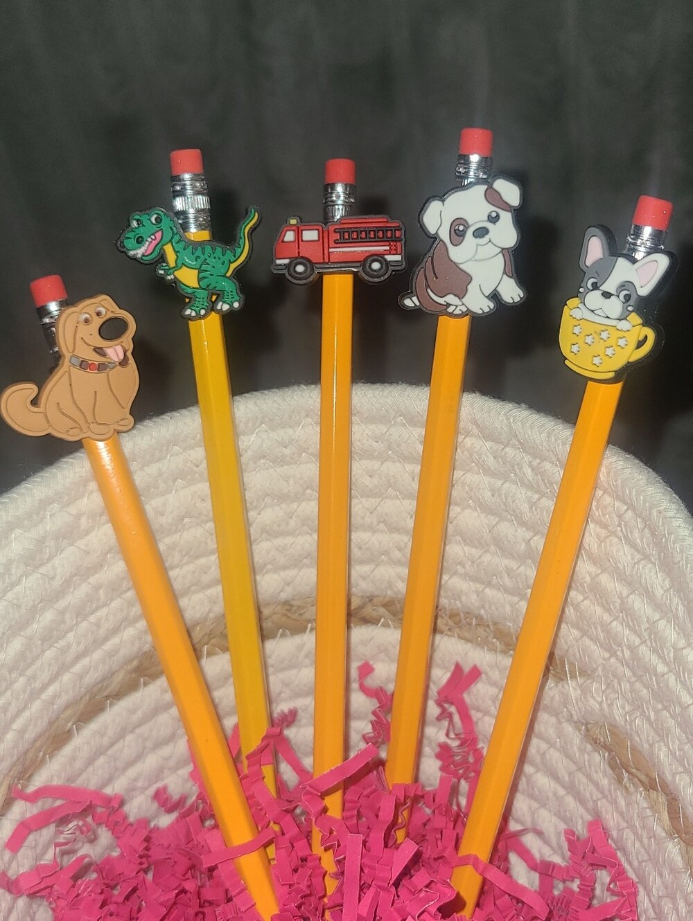 Yellow Kids Pencil Set with Cute Animal & Vehicle Toppers